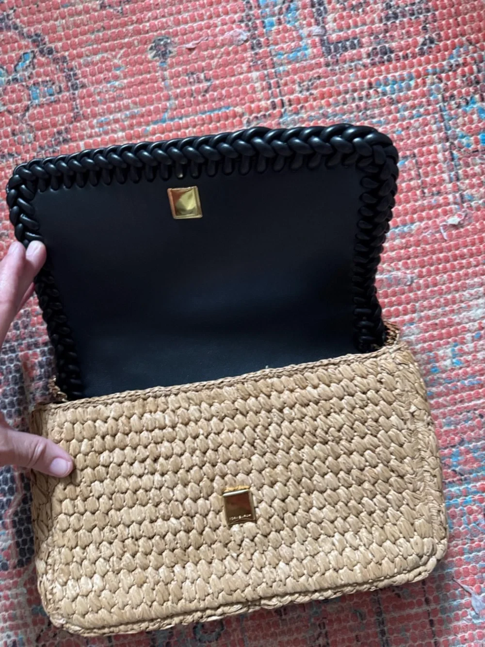 Tory Burch Woven Straw Shoulder Bag with Black Trim and Gold Chain Handle